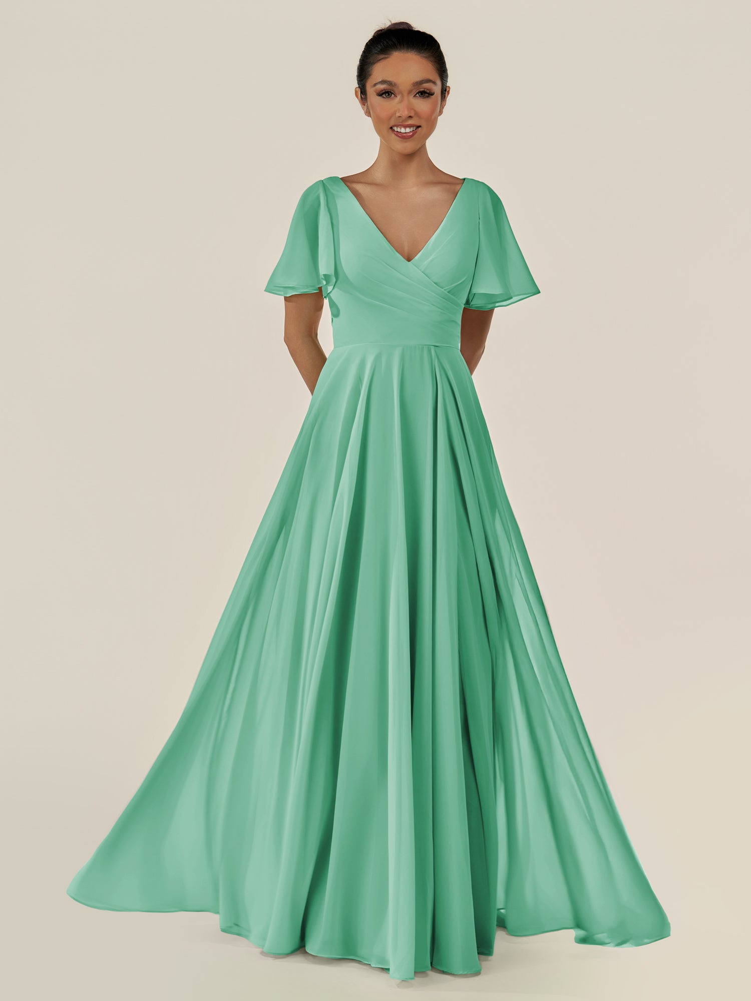 KissDress-Jania Turquoise A Line Chiffon V Neck Long Bridesmaid Dress with Flutter Sleeves