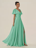KissDress-Jania Turquoise A Line Chiffon V Neck Long Bridesmaid Dress with Flutter Sleeves