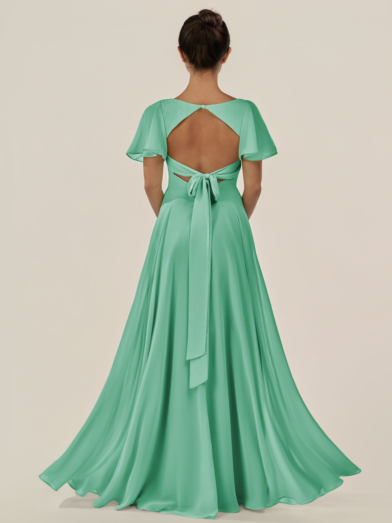 KissDress-Jania Turquoise A Line Chiffon V Neck Long Bridesmaid Dress with Flutter Sleeves