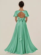 KissDress-Jania Turquoise A Line Chiffon V Neck Long Bridesmaid Dress with Flutter Sleeves