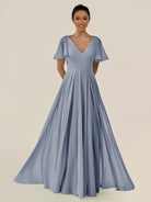KissDress-Jania Twilight A Line Chiffon V Neck Long Bridesmaid Dress with Flutter Sleeves