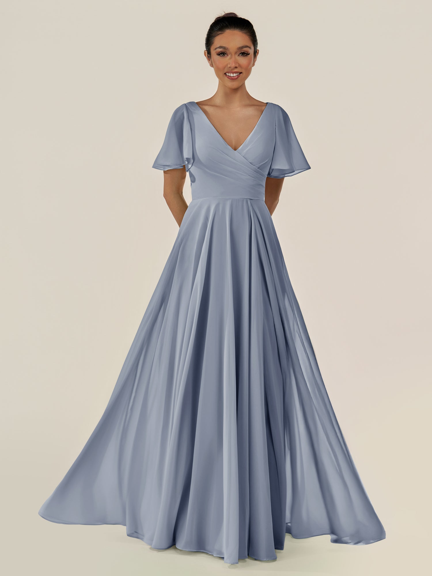 KissDress-Jania Twilight A Line Chiffon V Neck Long Bridesmaid Dress with Flutter Sleeves