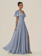 KissDress-Jania Twilight A Line Chiffon V Neck Long Bridesmaid Dress with Flutter Sleeves