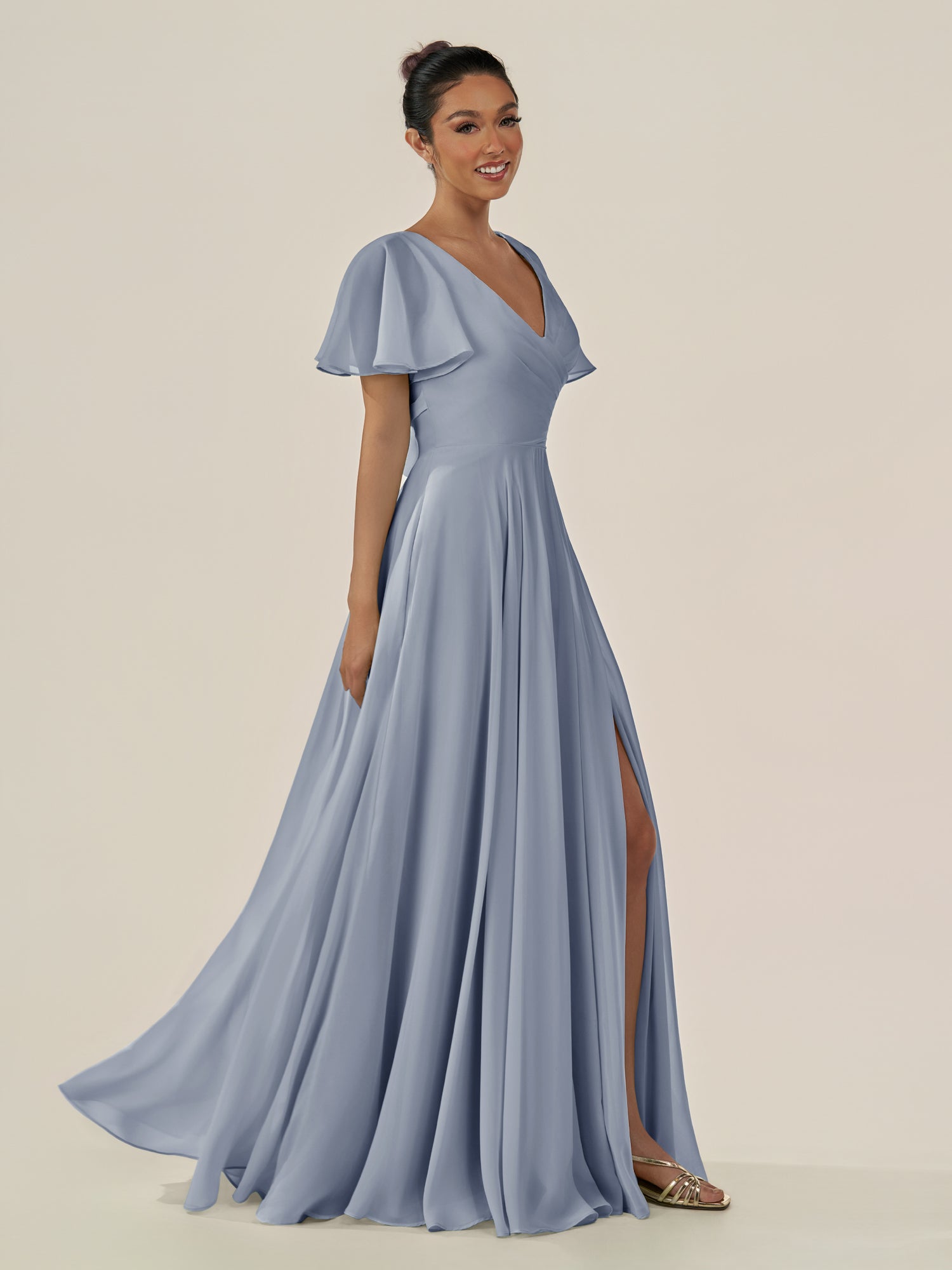 KissDress-Jania Twilight A Line Chiffon V Neck Long Bridesmaid Dress with Flutter Sleeves