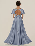 KissDress-Jania Twilight A Line Chiffon V Neck Long Bridesmaid Dress with Flutter Sleeves
