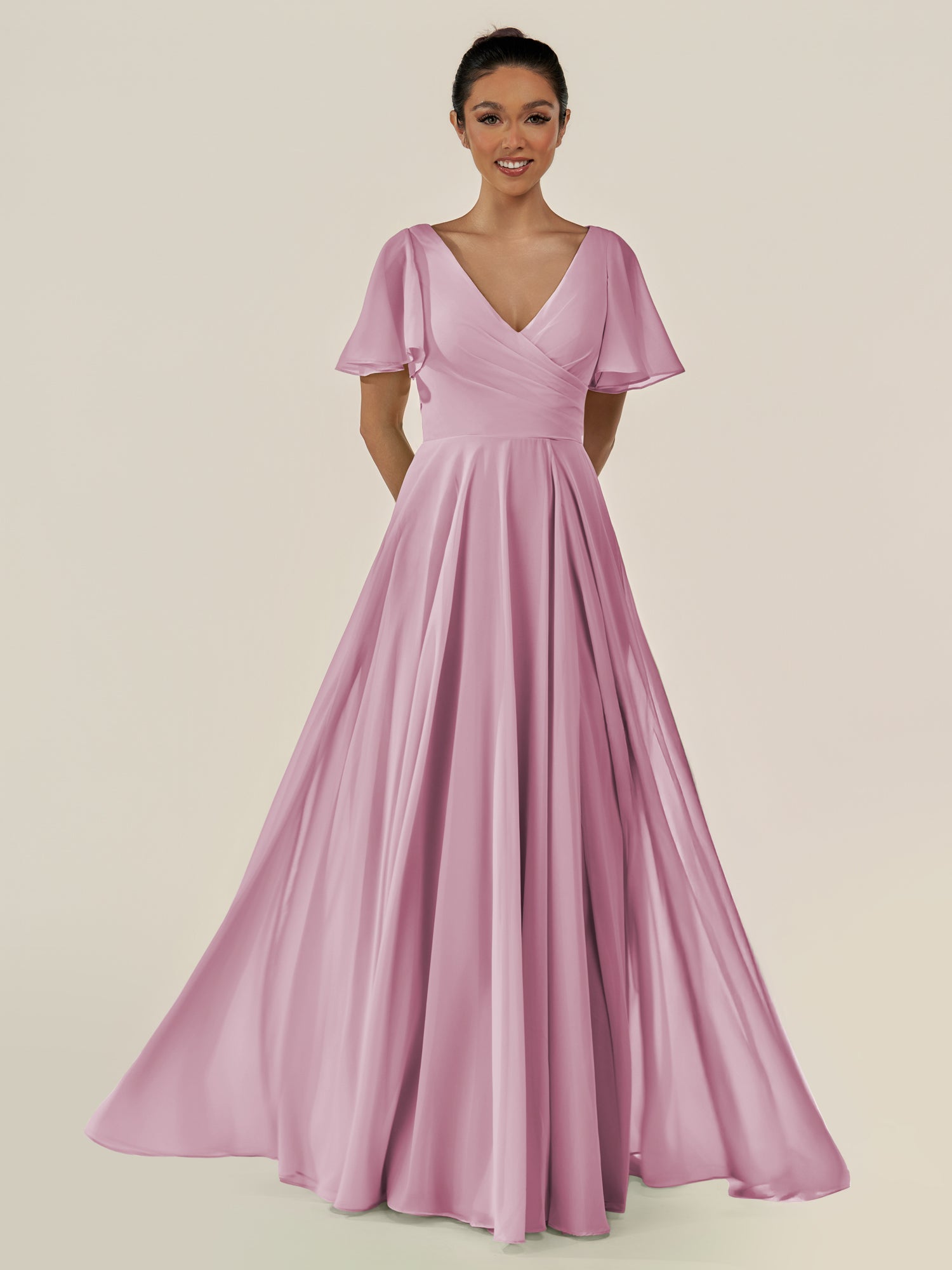 KissDress-Jania Vintage Mauve A Line Chiffon V Neck Long Bridesmaid Dress with Flutter Sleeves