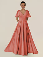 KissDress-Jania Wild Rose A Line Chiffon V Neck Long Bridesmaid Dress with Flutter Sleeves