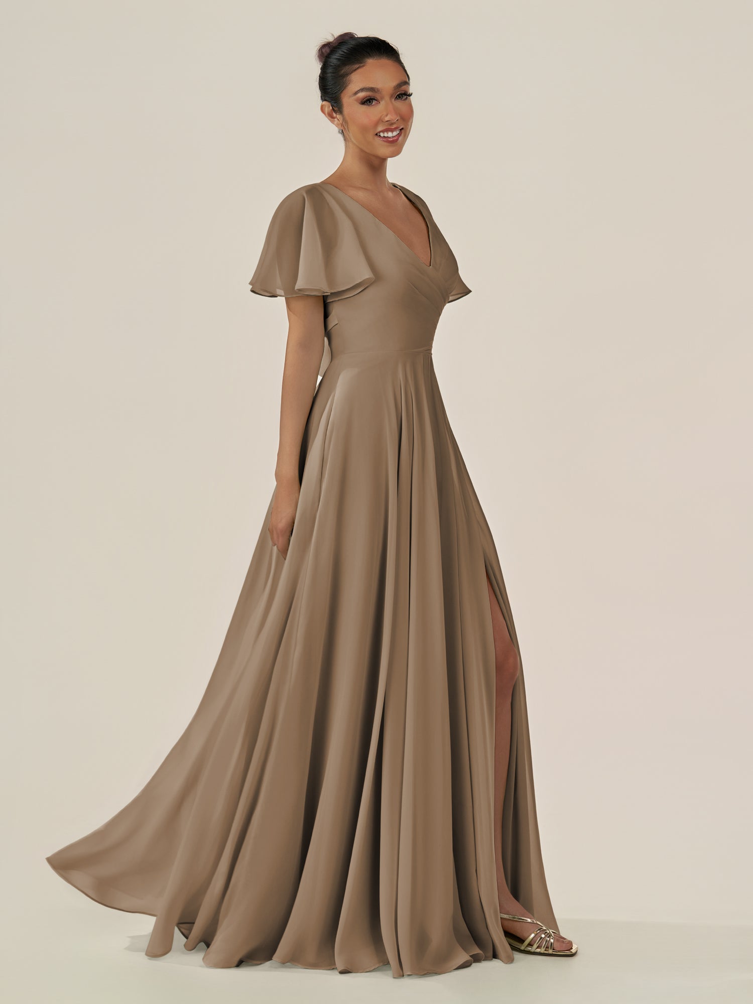 KissDress-Jania Willow Green A Line Chiffon V Neck Long Bridesmaid Dress with Flutter Sleeves