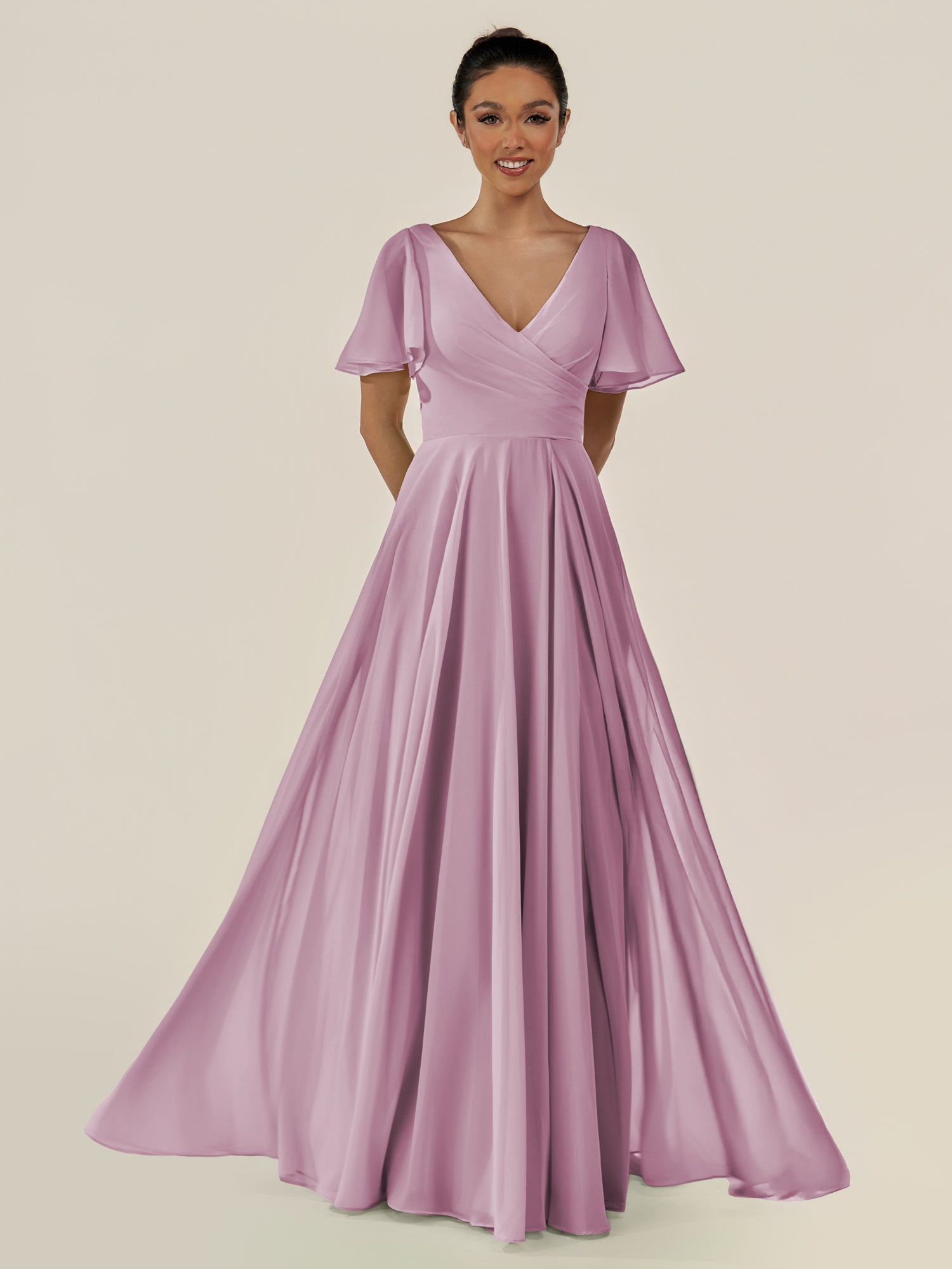 KissDress-Jania Wisteria A Line Chiffon V Neck Long Bridesmaid Dress with Flutter Sleeves