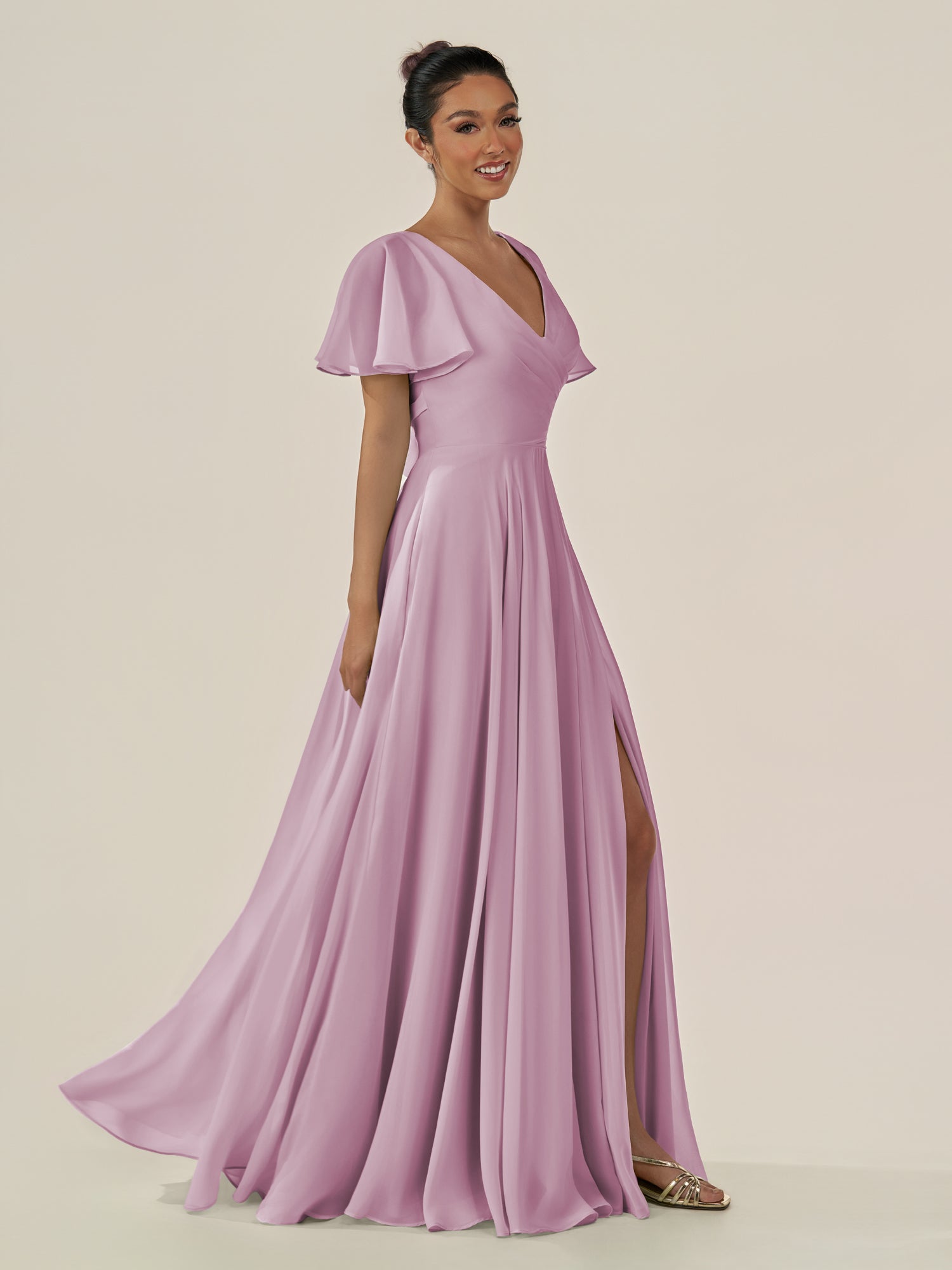 KissDress-Jania Wisteria A Line Chiffon V Neck Long Bridesmaid Dress with Flutter Sleeves