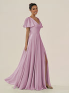 KissDress-Jania Wisteria A Line Chiffon V Neck Long Bridesmaid Dress with Flutter Sleeves