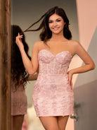 Jasmine | Pink Tight Short Homecoming Dress with Appliques - KissProm