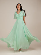 KissDress-Jasper Pale Pistachio A Line Chiffon Cap Sleeves V Neck Long Bridesmaid Dress with Pleats