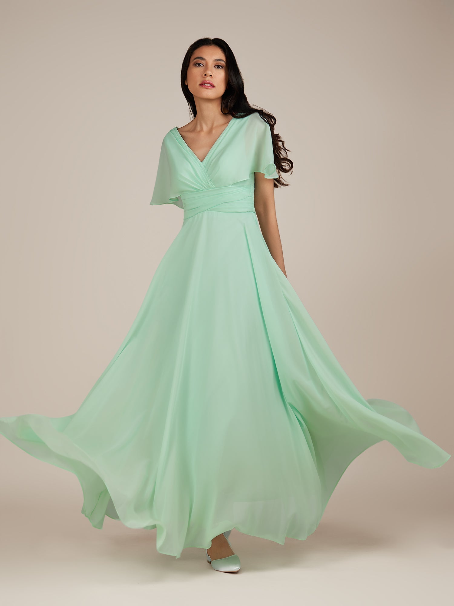 KissDress-Jasper Pale Pistachio A Line Chiffon Cap Sleeves V Neck Long Bridesmaid Dress with Pleats