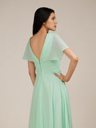KissDress-Jasper Pale Pistachio A Line Chiffon Cap Sleeves V Neck Long Bridesmaid Dress with Pleats