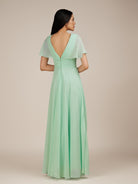 KissDress-Jasper Pale Pistachio A Line Chiffon Cap Sleeves V Neck Long Bridesmaid Dress with Pleats