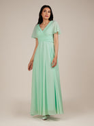 KissDress-Jasper Pale Pistachio A Line Chiffon Cap Sleeves V Neck Long Bridesmaid Dress with Pleats