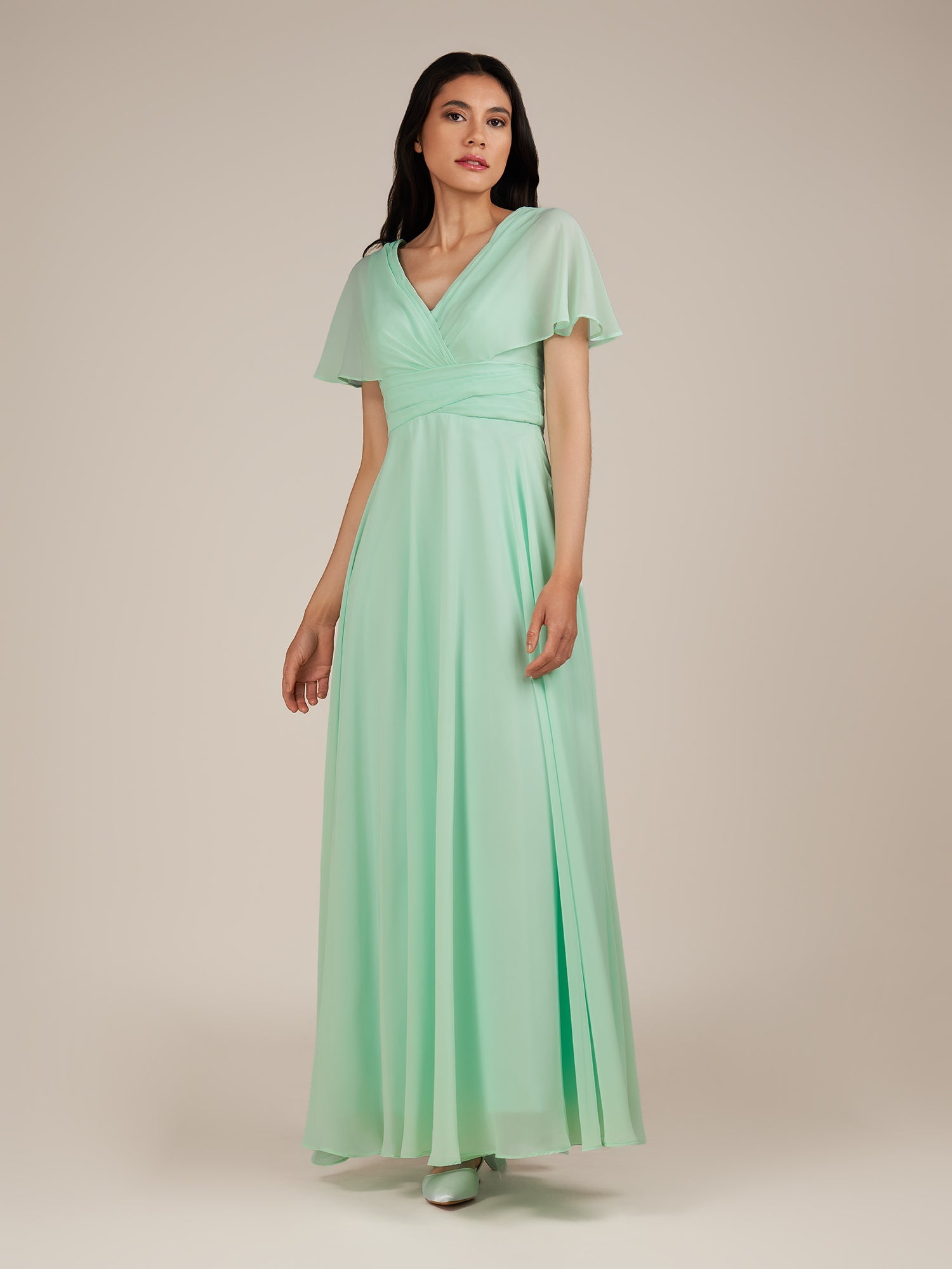 KissDress-Jasper Pale Pistachio A Line Chiffon Cap Sleeves V Neck Long Bridesmaid Dress with Pleats