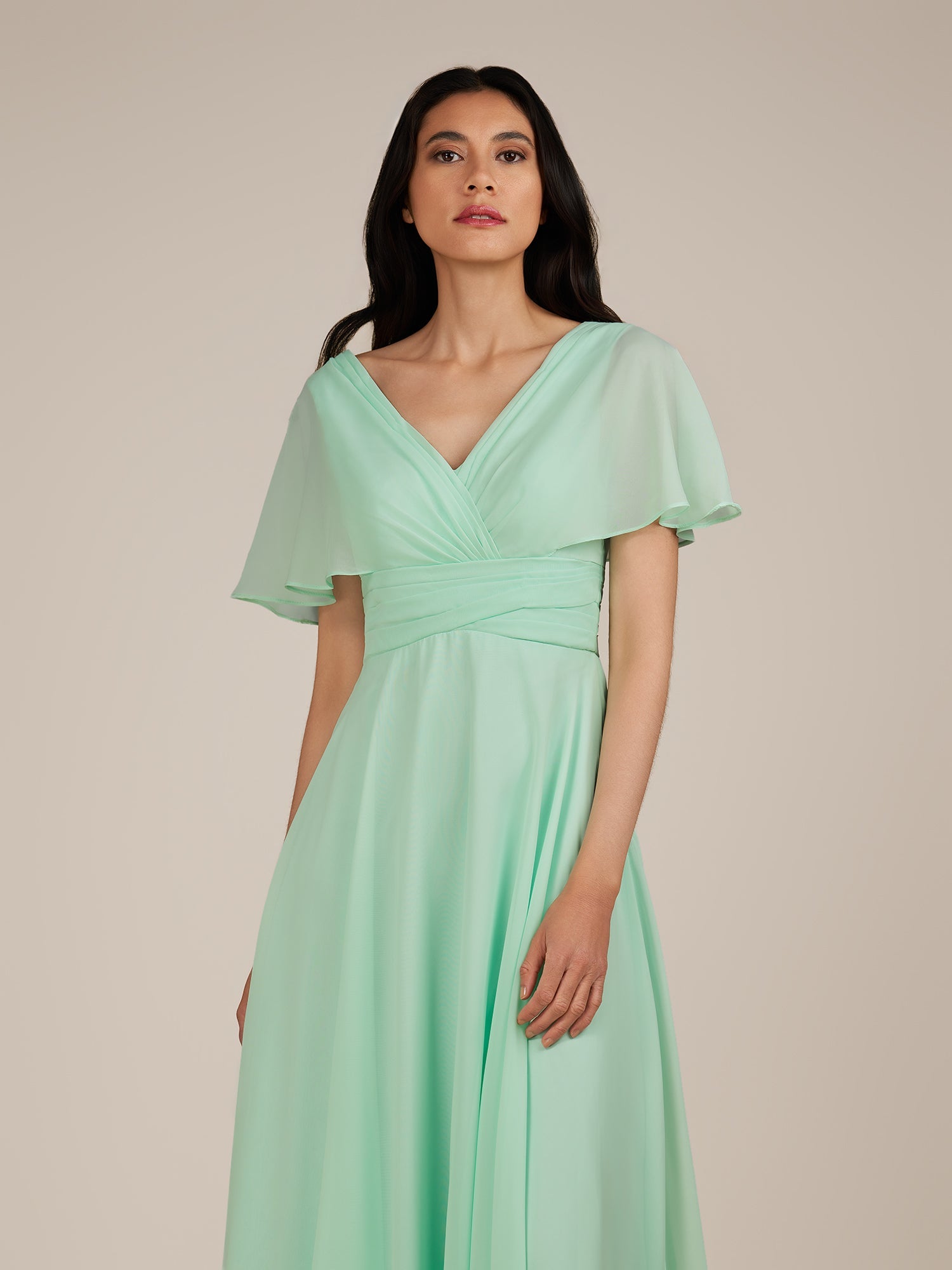 KissDress-Jasper Pale Pistachio A Line Chiffon Cap Sleeves V Neck Long Bridesmaid Dress with Pleats