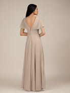 KissDress-Jasper Almond A Line Chiffon Cap Sleeves V Neck Long Bridesmaid Dress with Pleats