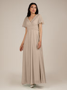 KissDress-Jasper Almond A Line Chiffon Cap Sleeves V Neck Long Bridesmaid Dress with Pleats