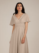 KissDress-Jasper Almond A Line Chiffon Cap Sleeves V Neck Long Bridesmaid Dress with Pleats