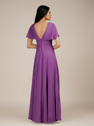KissDress-Jasper Amethyst A Line Chiffon Cap Sleeves V Neck Long Bridesmaid Dress with Pleats