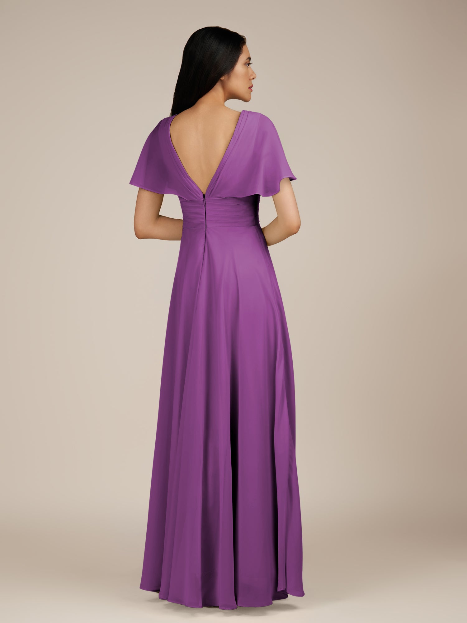 KissDress-Jasper Amethyst A Line Chiffon Cap Sleeves V Neck Long Bridesmaid Dress with Pleats