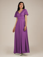 KissDress-Jasper Amethyst A Line Chiffon Cap Sleeves V Neck Long Bridesmaid Dress with Pleats