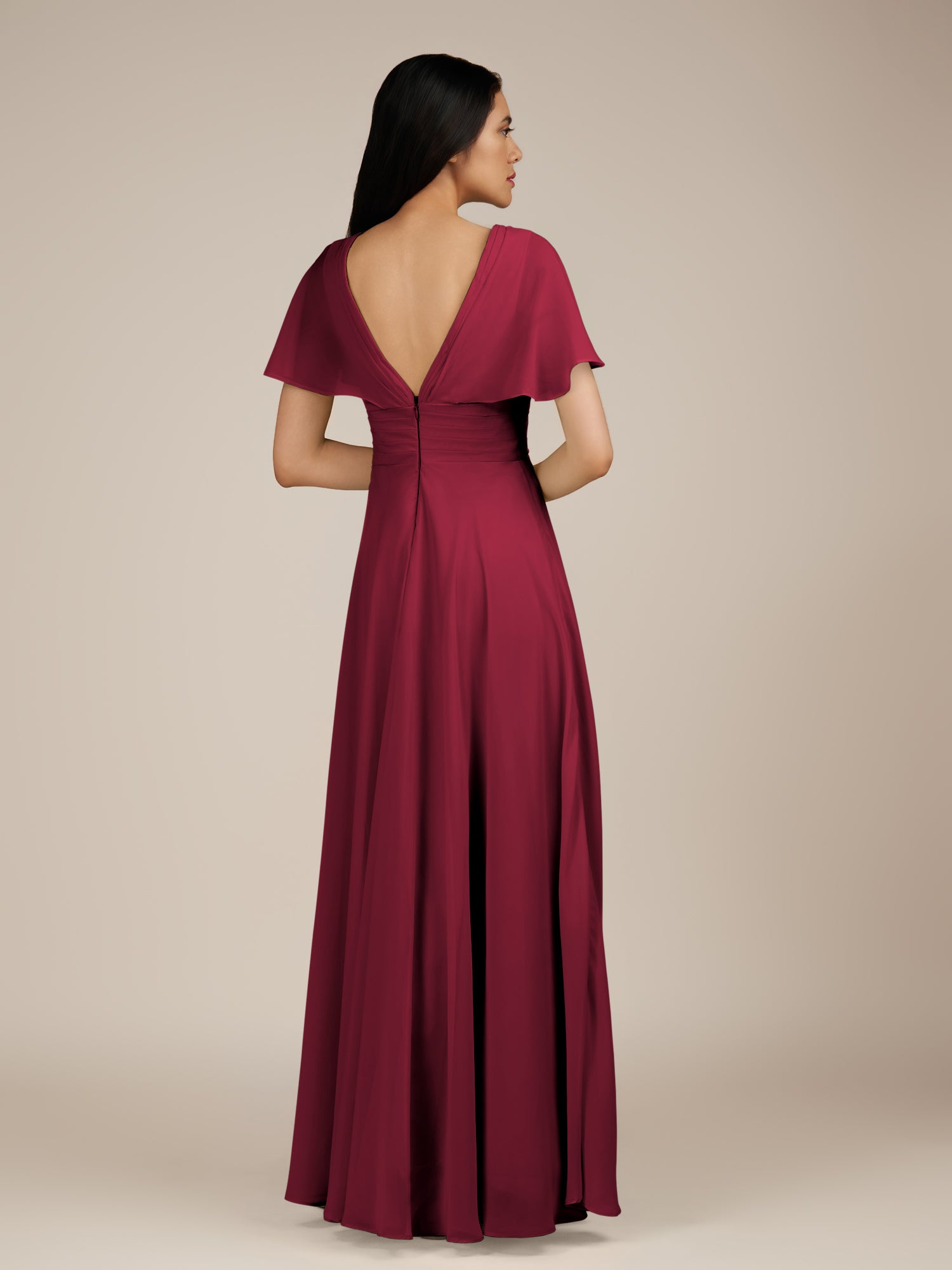 KissDress-Jasper Berry A Line Chiffon Cap Sleeves V Neck Long Bridesmaid Dress with Pleats