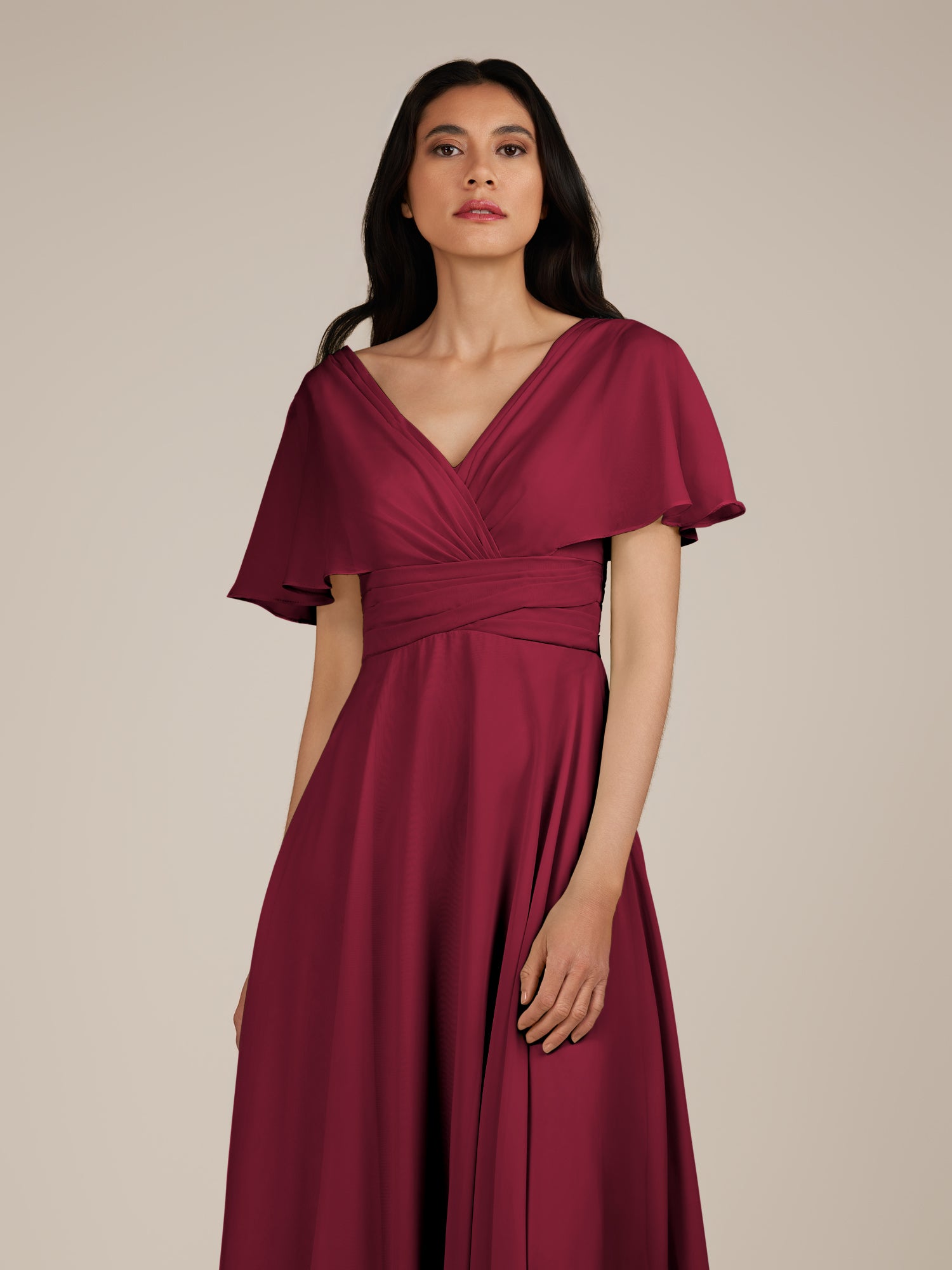 KissDress-Jasper Berry A Line Chiffon Cap Sleeves V Neck Long Bridesmaid Dress with Pleats