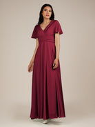 KissDress-Jasper Berry A Line Chiffon Cap Sleeves V Neck Long Bridesmaid Dress with Pleats