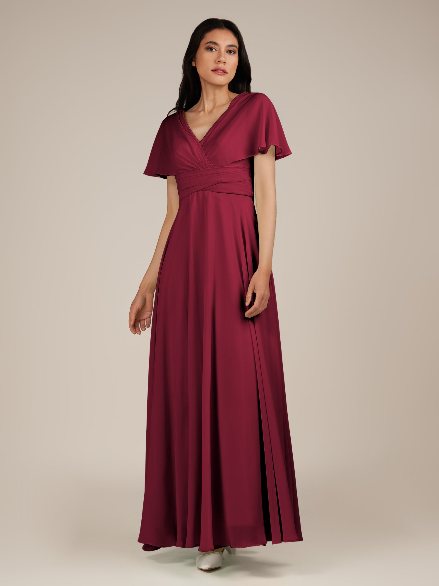 KissDress-Jasper Berry A Line Chiffon Cap Sleeves V Neck Long Bridesmaid Dress with Pleats