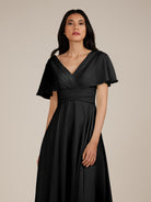 KissDress-Jasper Black A Line Chiffon Cap Sleeves V Neck Long Bridesmaid Dress with Pleats