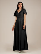 KissDress-Jasper Black A Line Chiffon Cap Sleeves V Neck Long Bridesmaid Dress with Pleats