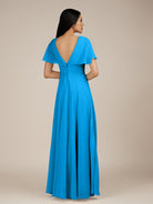 KissDress-Jasper Blue Jay A Line Chiffon Cap Sleeves V Neck Long Bridesmaid Dress with Pleats