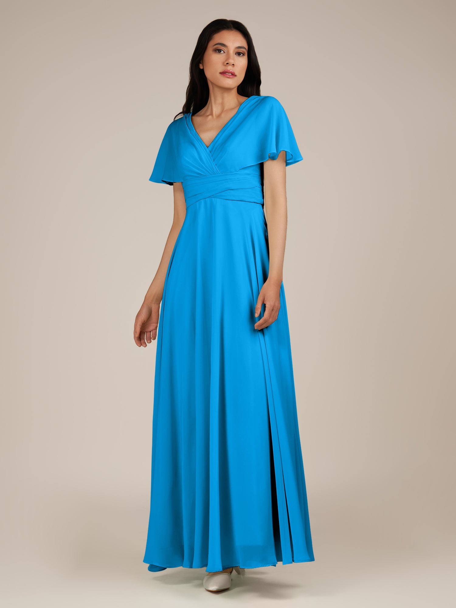 KissDress-Jasper Blue Jay A Line Chiffon Cap Sleeves V Neck Long Bridesmaid Dress with Pleats