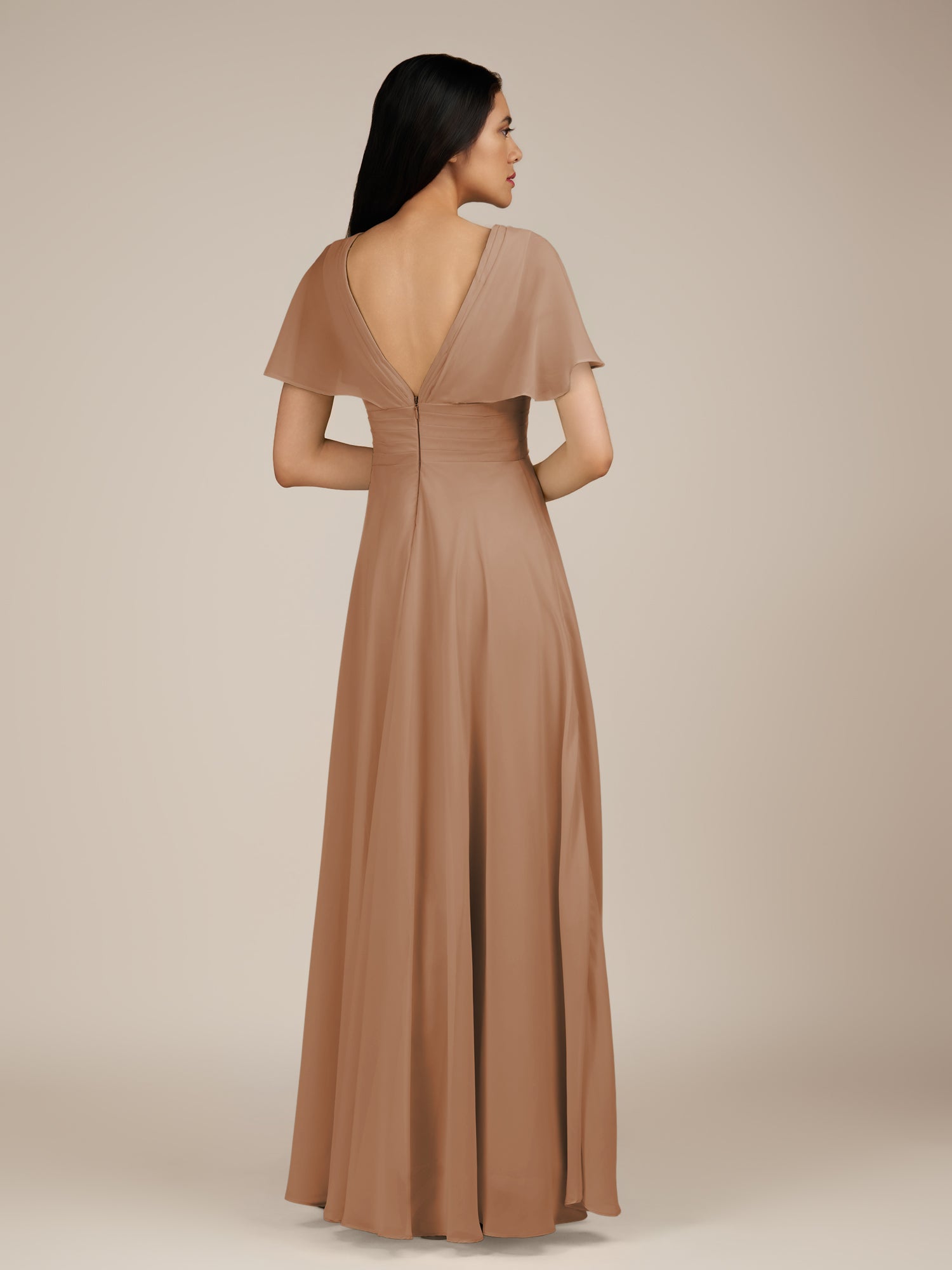 KissDress-Jasper Bronzer A Line Chiffon Cap Sleeves V Neck Long Bridesmaid Dress with Pleats