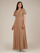 KissDress-Jasper Bronzer A Line Chiffon Cap Sleeves V Neck Long Bridesmaid Dress with Pleats