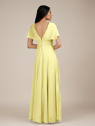 KissDress-Jasper Buttercup A Line Chiffon Cap Sleeves V Neck Long Bridesmaid Dress with Pleats