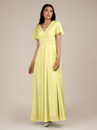 KissDress-Jasper Buttercup A Line Chiffon Cap Sleeves V Neck Long Bridesmaid Dress with Pleats