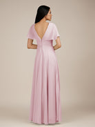 KissDress-Jasper Candy Pink A Line Chiffon Cap Sleeves V Neck Long Bridesmaid Dress with Pleats