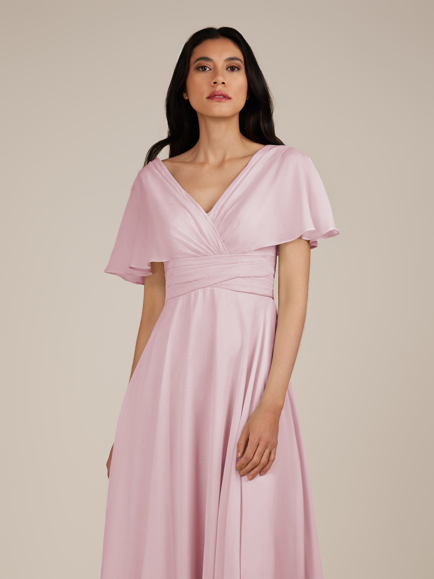 KissDress-Jasper Candy Pink A Line Chiffon Cap Sleeves V Neck Long Bridesmaid Dress with Pleats