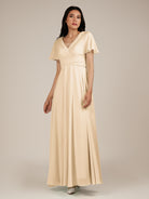 KissDress-Jasper Champagne A Line Chiffon Cap Sleeves V Neck Long Bridesmaid Dress with Pleats