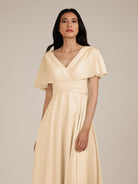 KissDress-Jasper Champagne A Line Chiffon Cap Sleeves V Neck Long Bridesmaid Dress with Pleats