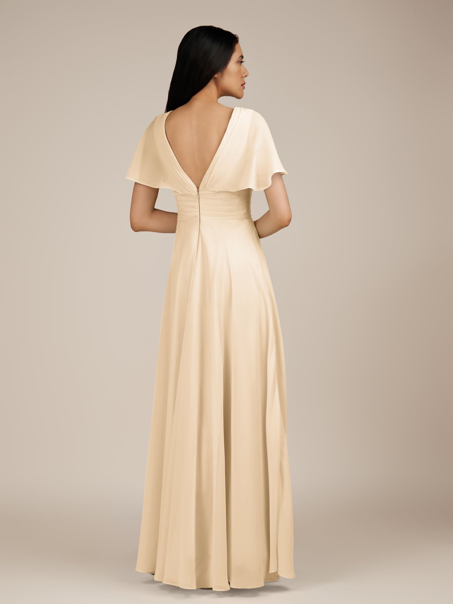 KissDress-Jasper Champagne A Line Chiffon Cap Sleeves V Neck Long Bridesmaid Dress with Pleats
