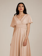 KissDress-Jasper Champagne Rose A Line Chiffon Cap Sleeves V Neck Long Bridesmaid Dress with Pleats