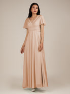 KissDress-Jasper Champagne Rose A Line Chiffon Cap Sleeves V Neck Long Bridesmaid Dress with Pleats