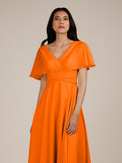 KissDress-Jasper Cinnamon A Line Chiffon Cap Sleeves V Neck Long Bridesmaid Dress with Pleats