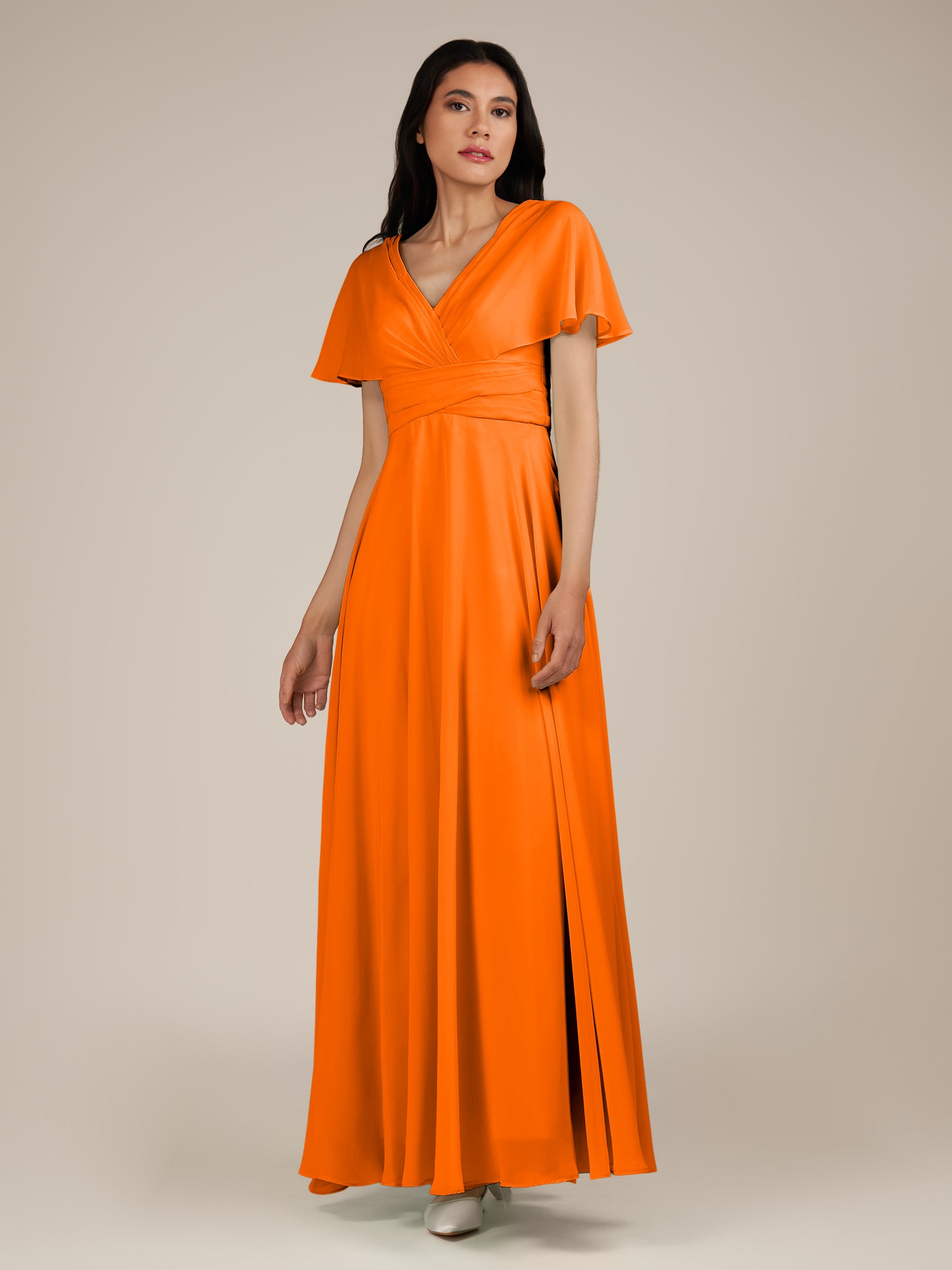 KissDress-Jasper Cinnamon A Line Chiffon Cap Sleeves V Neck Long Bridesmaid Dress with Pleats